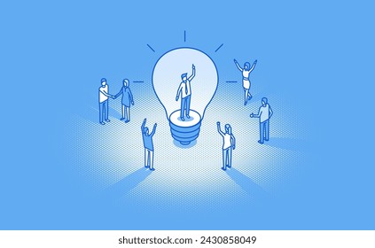 Team leader inspiration inside glowing light bulb . Happy brainstorm result. Isometric vector business illustration. Small people characters develop creative idea. Startup, teamwork leadership concept