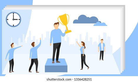 Team Leader Landing Page. Succes team concept illustration, people celebrate success achievment, can be use for, landing page. Leadership Concept with Flat Business People Characters Website Template.