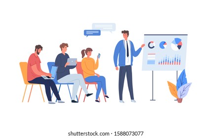 A team leader makes a business presentation for workers flat vector illustration