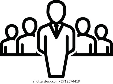 Ícone Vetor Da Apresentação Do Team Leader Management. Ícone que representa um líder em pé na frente de um grupo, simbolizando o gerenciamento de equipe, a apresentação corporativa e a liderança.