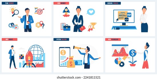 Líder de equipo y miembros, decisiones de código de flujo de trabajo y sistema, actualización de información conjunto de ilustración vectorial. Las personas diminutas miran a través del telescopio el crecimiento de la gráfica de ganancias, el trabajo en el lanzamiento de cohetes