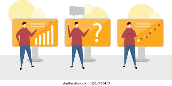 Team leader presenting, business upward, question, backward, flat icon