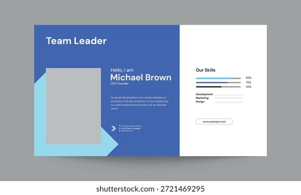 Plantilla de presentación de diapositivas líder del equipo con un diseño limpio, moderno y profesional. Ideal para perfiles de liderazgo, presentaciones de gestión, reuniones corporativas, resúmenes de empresas y presentaciones. Totalmente editable y fácil de personalizar, adecuado para PowerPoint, Presentaciones de Google y Keynote. Perfecto para uso de presentación profesional y corporativa.