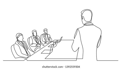 Team Leader Talking Before Board Members - Single Line Drawing