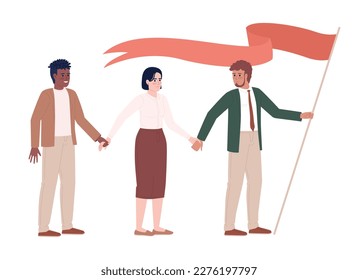 Líder de equipo con compañeros de equipo con caracteres vectoriales de color semiplana. Liderazgo. Cifras editables. Gente de cuerpo entero en blanco. Ilustración puntual simple de estilo de dibujos animados para diseño gráfico web y animación