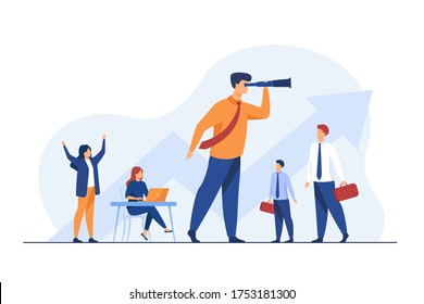 Team leader and teamwork concept. Businessman with telescope looking faraway an leading team. Flat vector illustration for planning, challenge, leadership topics