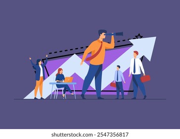 Team leader and teamwork concept. Businessman with telescope looking faraway an leading team. Flat vector illustration for planning, challenge, leadership topics