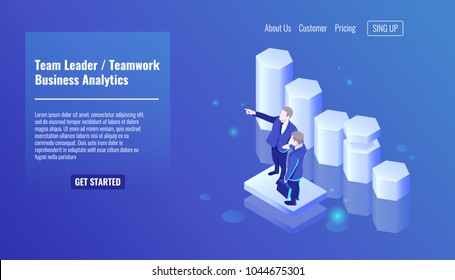 Team leader, teamworking, two businessman stay on growth graphic background, training in business, tutorship isometric vector people Team leader, teamworking, two businessman stay on growth graphic background, training in business, tutorship isometric vector people