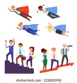 Team leader vector businessman or businesswoman character super hero leading corporate teamwork illustration set of business people in leadership success working isolated on white background