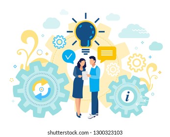 Team leaders are standing, talking and looking into the tablet. Business porters of successful people. Flat styl illustration for social networking, chat, web site,mobile web graphics. 
Vector