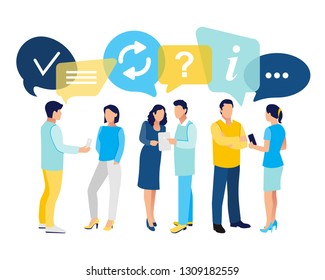 Team leaders are standing, talking and looking into the tablet and telephon. 
Flat style illustration for social networking, messages, web site, mobile web graphics, dialogue speech bubbles. Vector 