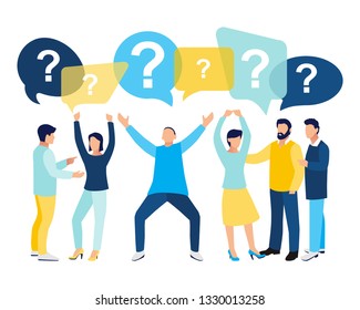 Team leaders are standing and talking, searching of ideas, problem solving. 
Happy young male and female people isolated on white background in flat cartoon style. 
Speech bubbles. Vector