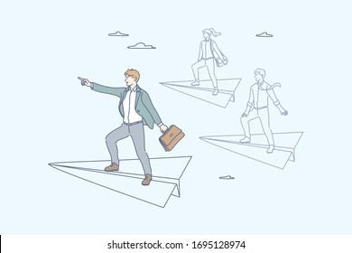 Team, leadership, goal, motivation, business concept. Team of young business people clerks managers flies on paper plane together. Businessman leader stands on plane, points direction forward to goal.