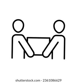 Team lifting heavy object icon. Simple outline style. Lift, box, heavy, carry, man, person, movers, people, teamwork concept. Thin line symbol. Vector illustration isolated.