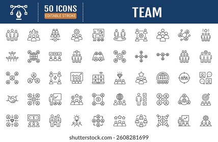 Team line editable icon set. Containing team building, teamwork, coaching, meeting, managing, coaching, motivation and more. Vector Illustration