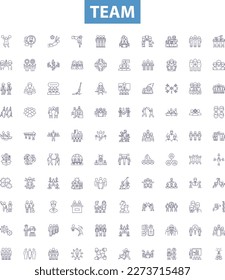 Team line icons, signs set. Squad, Crew, Group, Unit, Alliance, Faction, Club, Fraternity, Syndicate outline vector illustrations.