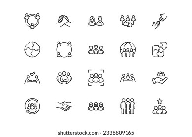 Team lines icon set. Team genres and attributes. Linear design. Lines with editable stroke. Isolated vector icons.