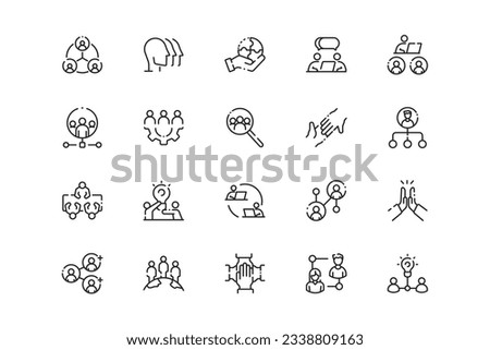 Team lines icon set. Team genres and attributes. Linear design. Lines with editable stroke. Isolated vector icons.
