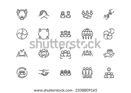 Team lines icon set. Team genres and attributes. Linear design. Lines with editable stroke. Isolated vector icons.
