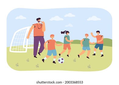 Team of little football players with coach. Flat vector illustration. Boys and girl playing with ball, training on soccer field with teacher whistling. Sport class, school, football game concept