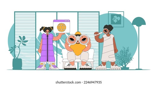 The team is looking for information. Bright and stylish illustration, material for educational content.