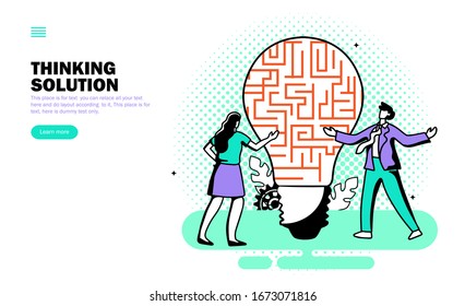 team looking at maze bulb, idea vector illustration