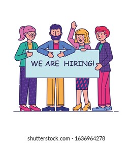 Team looking for professionals. Group of people holding banner We are Hiring flat vector illustration. Employment, announcement, career, job concept for banner, website design or landing web page