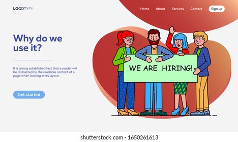Team, das Fachleute sucht. Gruppe von Menschen, die Banner halten Wir stellen eine flache Vektorillustration Illustration. Beschäftigung, Ankündigung, Karriere, Jobkonzept für Banner, Website-Design oder Landing-Website