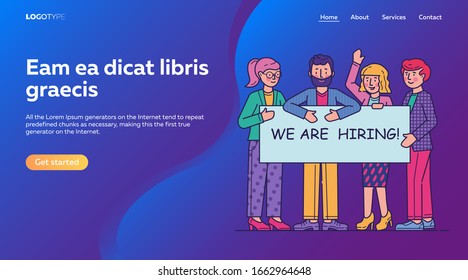Team looking for professionals. Group of people holding banner We are Hiring flat vector illustration. Employment, announcement, career, job concept for banner, website design or landing web page