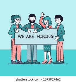Team looking for professionals. Group of people holding banner We are Hiring flat vector illustration. Employment, announcement, career, job concept for banner, website design or landing web page