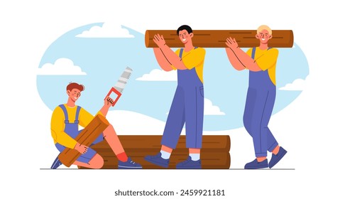 Team of lumberjack concept. Men with wooden logs. Wood processing. Workers in uniform. Carpenters with saw. Boards production. Cartoon flat vector illustration isolated on white background