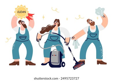 Team of maids arrived to clean apartment or office with own vacuum cleaner and rags to remove dirt. People dressed as maids do work with smile, rejoicing in achieving excellent result.