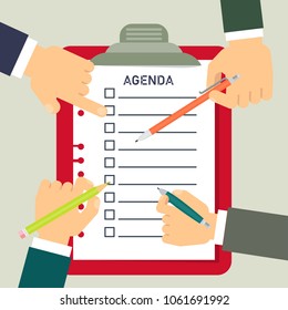 Team makes agenda. Flat vector cartoon illustration.