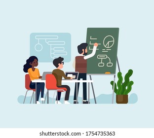 Team makes a study on business strategy analysing business metrics and gathered data concept vector illustration. Cool vector illustration on teamwork with modern company characters having a meeting