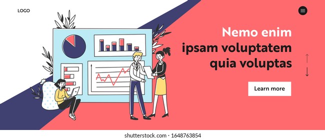 Elaboración y análisis de gráficos en equipo. Administradores que presentan informes gráficos ilustraciones vectoriales planas. Concepto de negocio, marketing, análisis para banner, diseño de sitio web o página web de inicio