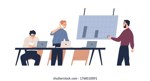 Team of male coworkers discuss graph of company bankruptcy vector flat illustration. Man boss shouting on phone to not motivated employees isolated on white. Profit drop, financial crisis or collapse