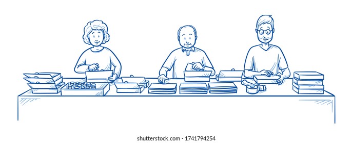 Team of male and female workers, manually assembling and packing product mailing boxes. Hand made packaging service. Hand drawn line art cartoon vector illustration.