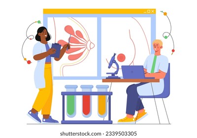 Team of mammologist concept. Man and woman in medical uniform analyze structure of female breast. Scientists in laboratory with infographics. Healthcar and treatment. Cartoon flat vector illustration