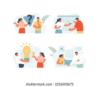 Team man and woman in different business situations. Idea, planning, collaboration, problem solving. Vector illustration set