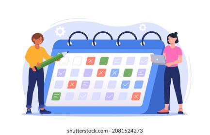 Team management abstract concept. Task management. Young man and woman stand next to calendar and mark completed goals and plans. Effective or productive employees. Cartoon flat vector illustration