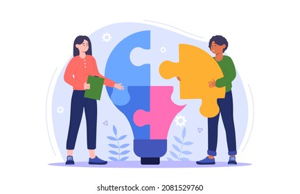 Team management concept. Dedicated team. Young man and woman hold pieces of puzzles and assemble light bulb. Metaphor of cooperation and teamwork of employees. Cartoon flat vector illustration