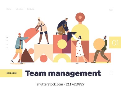 Team management concept of landing page with group of colleagues joining geometric shapes puzzle work together cooperating. Teamwork, partnership and brainstorm. Cartoon flat vector illustration