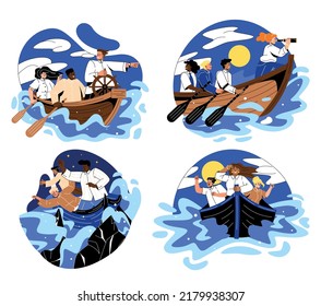 Team management concept. Set of good and bad leaders sailing on boat with their team. Goal achievement or failure. Successful Entrepreneur. Cartoon flat vector collection isolated on white background