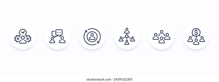 team management, HR and people interacting line icons svg