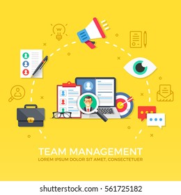 Team management. Human resources. Flat design graphic elements, symbols, line icons set. Premium quality. Modern concepts for web banners, website, infographics, printed materials. Vector illustration