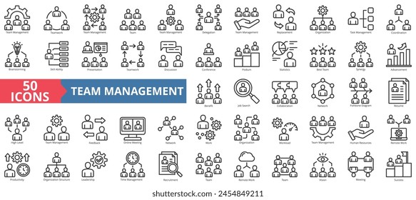 Team management icon collection set. Containing teamwork, delegation, replacement, organization, task, coordination, brainstorming icon. Simple line vector.