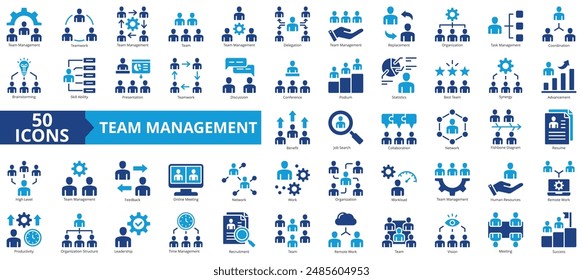 Team management icon collection set. Containing teamwork, delegation, replacement, organization, task, coordination, brainstorming icon. Simple flat vector.