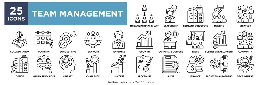 Team Management icon collection set. Containing design procedure,project management,community,planning,corporate culture Simple line vector.