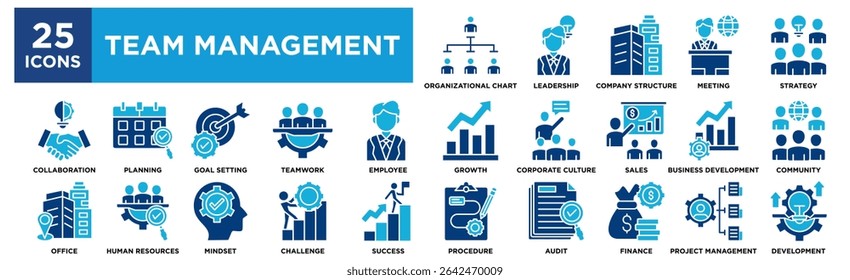 Team Management icon collection set. Containing design procedure,project management,community,planning,corporate culture Simple line vector.