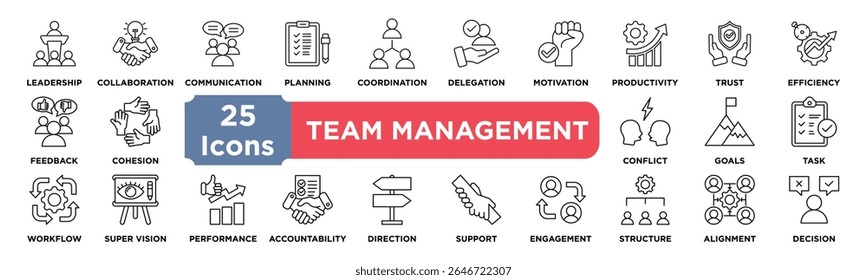 TEAM MANAGEMENT. icon collection set. Containing leadership,collaboration,communication,planning,coordination,delegation,motivation,productivity,trust,efficiency icon. Simple line vector.